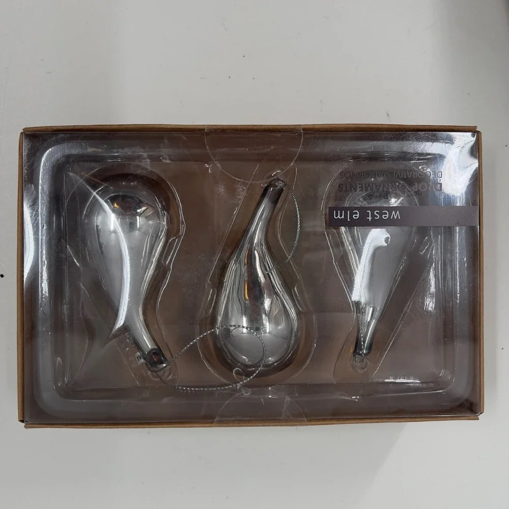 West‎ Elm Drop Ornaments Set 16 Silver Mercury Glass Midcentury Modern Christmas